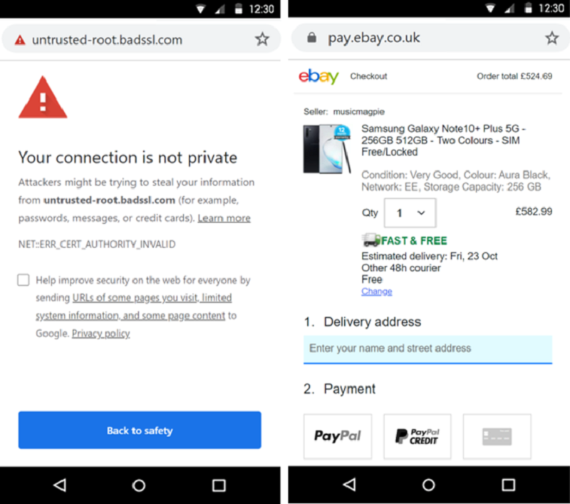 Ví dụ về một kết nối web không an toàn (ảnh bên trái), bên cạnh là 1 trang thanh toán có kết nối an toàn (ảnh bên phải)