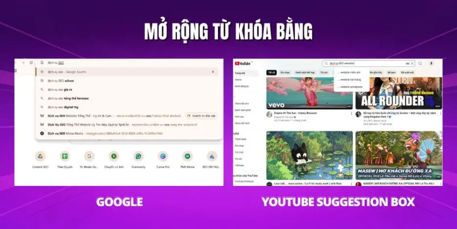 Bạn có thể mở rộng từ khóa bằng gợi ý của google hoặc youtube seggestion box