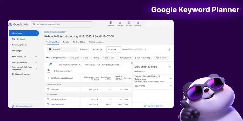 Giao diện google keyword planner