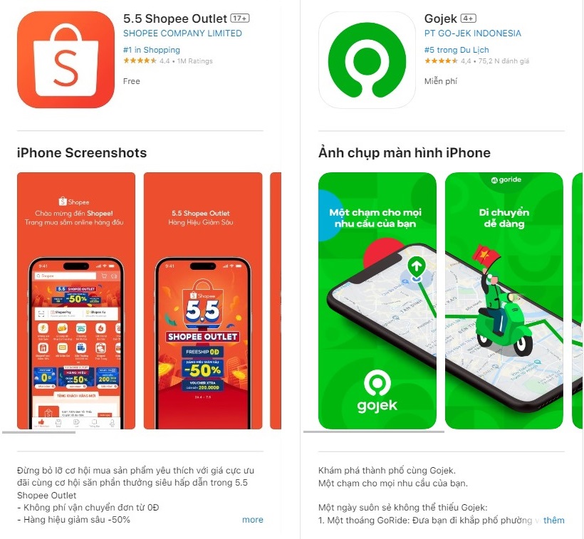 8 mẹo viết mô tả App Store giúp ứng dụng nổi bật và thu hút người dùng 6 Ví dụ về mô tả thu hút người dùng ngay từ câu đầu tiên (ứng dụng shopee outlet và gojek trên app store)