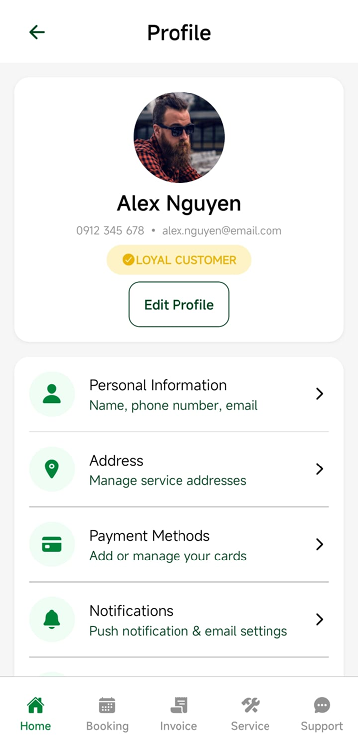 Trang profile của app love lawn